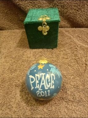 Hand-Painted Glass Li Bien 'Peace 2011' Blue Holiday Ornament